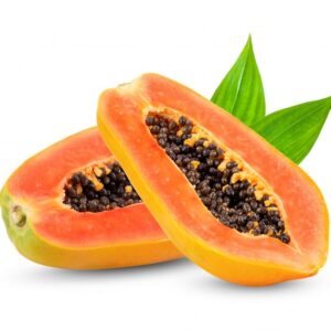 ripe-slice-papaya-with-leaves-white-wall_253984-3235